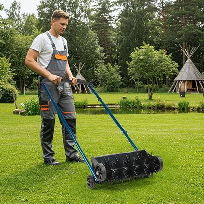 VINGLI Lawn Aerator, 19-Inch Heavy Duty Push Spike Aerator with 4 Wheels, Easy-to-Assemble, 45'' Push Rolling Aerator for Lawm, Yard and Garden(Blue)