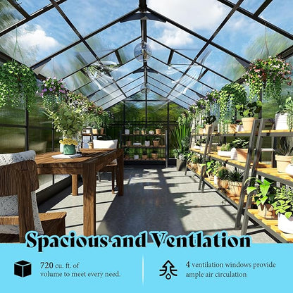 AMERLIFE 8x18x7FT Polycarbonate Greenhouse, Walk in Greenhouse with Quick-Connect System, Green House with 4 Windows and Swing Lockable Door, Greenhouses for Outdoors, Sunroom Black