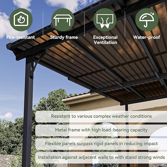 Aoxun 10' x 12' Gazebo for Patio, Gazebo Pergola with Sloped Roof, Large Wall-Mounted Heavy Duty Awnings, and LED Outdoor Waterproof Hanging Lights, for Backyard, Deck, Patio