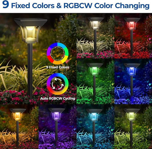 CINOTON 2 Pack RGBCW Solar Pathway Outdoor Lights, 3 Lighting Modes Solar LED Garden Light, IP65 Waterproof Outside Solar Powered Landscape Lighting for Patio Walkway Yard Driveway RGB/Warm/Cold White