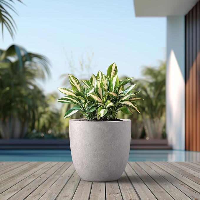Kante 18 Inch Dia Round Concrete Planter, Indoor Outdoor Large Plant Pot with Drainage Hole and Rubber Plug for Home Patio Garden, Light Gray