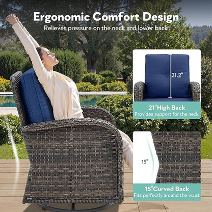 5 Piece Patio Furniture Set with Fire Pit Table - Wicker Patio Conversation Set with Swivel Glider, Glider Loveseat, Tempered Glass Side Table for Deck Backyard - Brown Wicker Blue Cushion