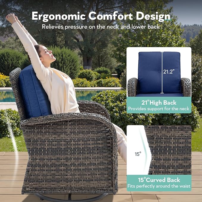 7 Piece Patio Furniture Set with Fire Pit Table - Wicker Patio Conversation Set with 4 Swivel Glider Chairs and 2 Tempered Glass Side Tables for Deck Backyard - Brown Wicker Blue Cushion