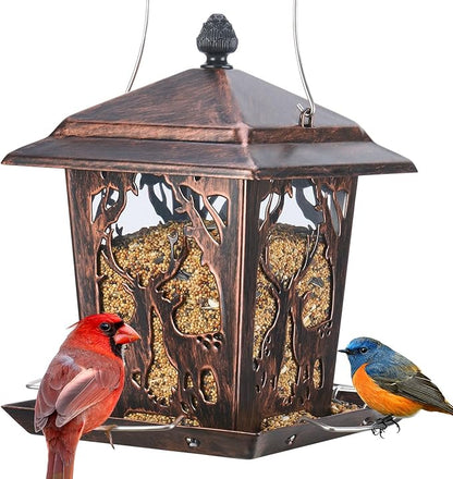 Kingsyard Metal Bird Feeder for Outdoor Hanging - Unique Design Wild Bird Hopper Feeder with 4 Perches and Rainproof Roof, Antique Copper