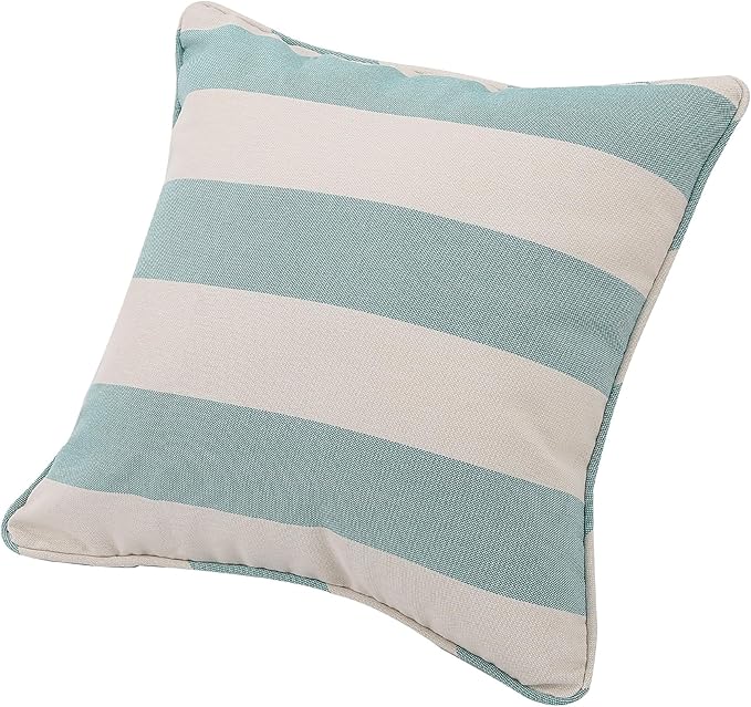 Outdoor Throw Pillow with Insert 18x18 Inch, Set of 2, Piping Edge Waterproof Fade Resistant Decorative Fluffy Pillows for Patio Furniture Chair Bench Couch Sofa - Teal Ivory Striped