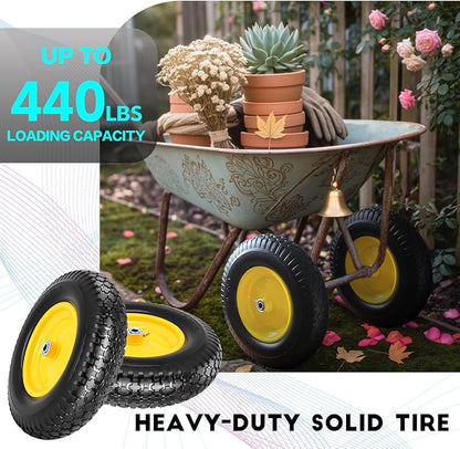 16" 4.80/4.00-8" Flat-Free Solid Wheelbarrow Wheel and Tire, 3"-7"Centered Hub with 5/8"&3/4" Bearings for Wheelbarrows Utility Cart Lawn Dollies
