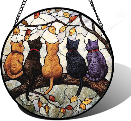 Stained Glass Window Hanging - 5 Cats on a Branch Suncatcher for Window Doors Home Decoration and Christmas, Mother's Day Father's Day Birthday Gifts for Women, Men, and Mom 7.8x7.8 in