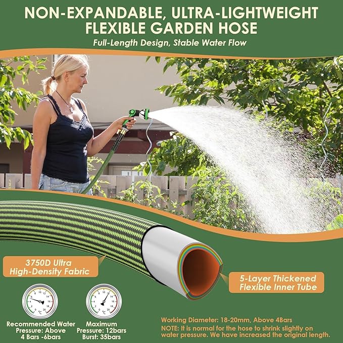 Non-Expandable Garden Hose 75 ft, Ultra Lightweight Flexible Water Hose with 10-Pattern Nozzle, Leak-Proof, High-Density Fabric, Thickened Connector, Shut-Off Valve for Yard, Lawn, Outdoor