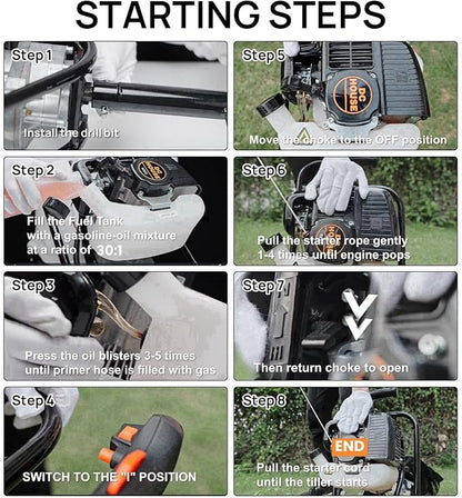 DC HOUSE 52cc 1800W Gas Powered Earth Auger EPA Certified Post Hole Digger, with 3 Drill Bits 6" 10" 12" and 3 Extension Rods 8" 12" 20", Mixing Ratio 30:1, for Fence, Farmland and Garden