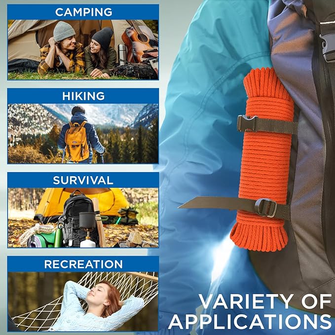 TECEUM Cotton Rope 3/16” (5 mm) – 100 FT – Strong All-Purpose Braided Rope – Natural Cotton – for Crafting, Сamping, Clothes Line, DIY, Indoor & Outdoor Use – Orange