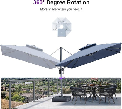 PURPLE LEAF Cantilever Umbrella with Base Included 10FT Outdoor Double Top Large Offset Hanging 360° Rotation Heavy Duty Square Umbrella for Garden Patio Deck Pool Backyard Spectrum Denim