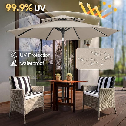 FLAME&SHADE 9ft Patio Umbrella - 2 Tiers Outdoor Umbrella with Push Button Tilt and Crank for UV Protection, Table Market Umbrella for Garden, Deck, Backyard, Pool and Beach(Taupe)