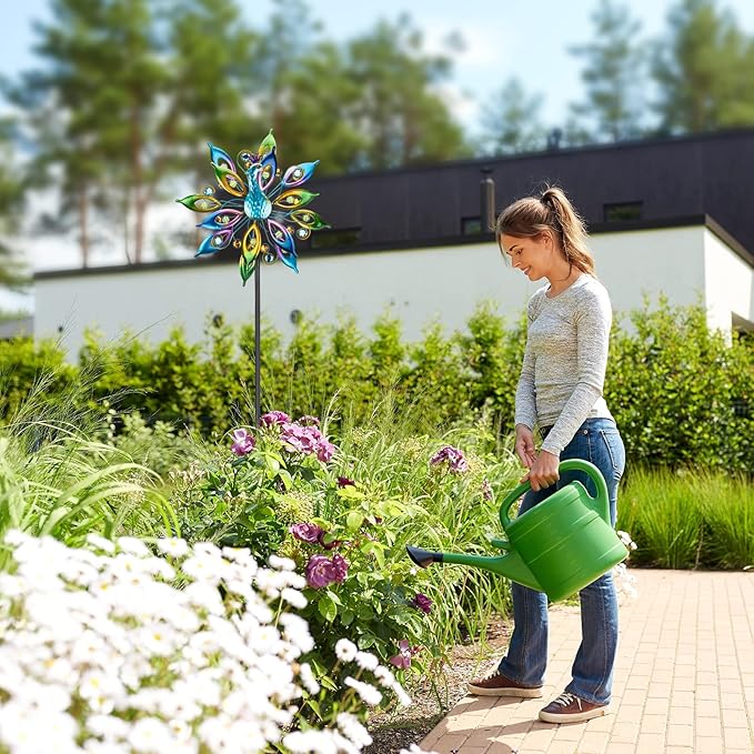 DREAMYSOUL Outdoor Peacock Wind Spinners with Gem Decor, 13" D*65" H Double Sided Kinetic Wind Sculptures & Spinners, Metal Wind Spinners for Yard and Garden