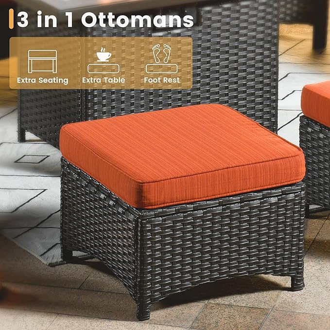 HOOOWOOO Patio Furniture Set,7 Piece Outdoor Furniture,Wicker Patio Conversation Couch Chairs Ottoman Set,Orange Red