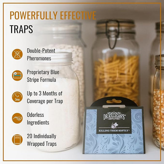 Dr. Killigan's Premium Double Potent Pantry Moth Traps with Pheromones Prime, Sticky Indian Meal Moth Traps for House, How to Get Rid of Moths in House (20 Pack, Blue)