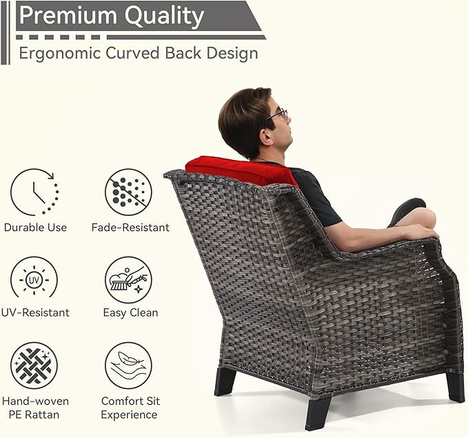 Patio Furniture Set 3 Pieces-Patio Chairs Set of 2 and A Side Table with Thick Cushions and All-Weather PE Wicker for Garden, Patio and Porch, Red