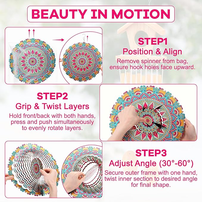 12 Inch Mandala Wind Spinners with Gazing Ball Spiral Tail, Outdoor 3D Stainless Steel Hanging Spinner Mandala Wind Catchers Sculpture for Indoor Outdoor Garden Yard Decoration (Flower)