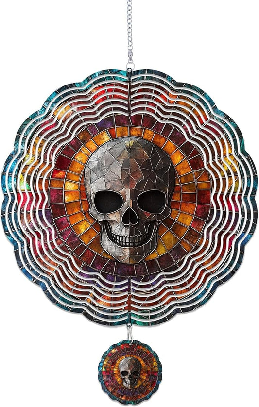 Wind Spinners Outdoor, Retro Halloween Skull 3D Stainless Steel Wind Sculpture Spinner for Garden Outside Hanging Decor Mother's Day Christmas Birthday Gifts for Women Men Mom Nana 9.8 in