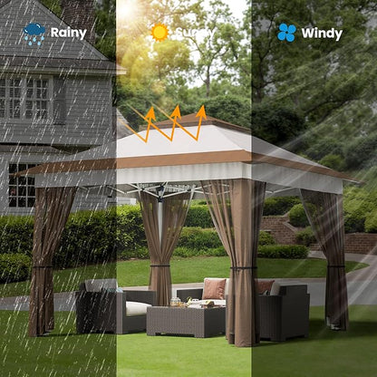 Bealife 11x11 Pop Up Gazebo Tent with Mosquito Netting, Outoor Canopy Tent with 4 Sandbags, 8 Stakes, 4 Ropes, Roller Bag, Pop Up Canopy Tent for Lawn Backyard Garden Deck, Beige