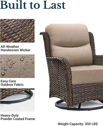 HILLGA Luxury Patio Furniture Set with 6-Inch Thick Cushions, High Back Outdoor Swivel Rocker Chairs and Table, 6-Piece All Weather Conversation Set for Porch Deck Balcony Yard, Beige (V3)