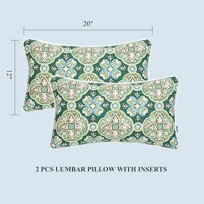 FUNHOME Set of 2 Patio Lumbar Pillows with Insert, 12”x20” Water-Repellent Fade Resistant Outdoor Lumbar Pillow, Decorative Garden All Weather Lumbar Cushions for Home Patio Coach Sofa Use-Green Medal