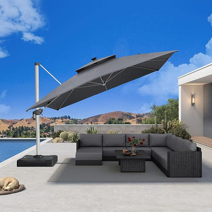 PURPLE LEAF 12' X 12' Solar Powered LED Patio Large Umbrella Offset Double Top Hanging Umbrella Outdoor Market Umbrella for Garden, Slate Gray