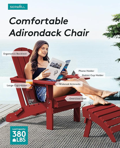 SERWALL Adirondack Chair with Cup Holders - Composite Adirondack Chairs Set of 6 HDPE Outdoor Chairs All Weather Use- Dark Red