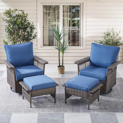 Outdoor Swivel Glider Chairs - 4 Pieces Hollow Widen Armrests Wicker Patio Furniture Set with Ottomans, High Back Outside Swivel Rocker for Balcony Porch Deck and Yard - Brown/Blue
