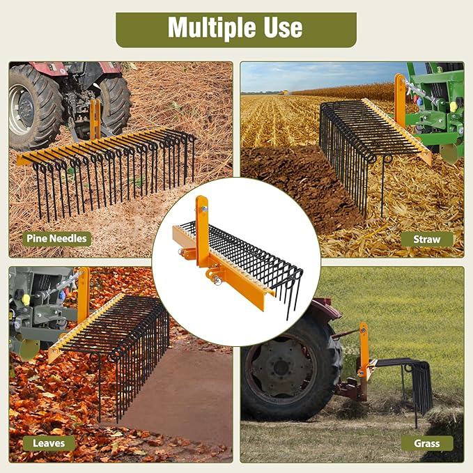 GAOMON 60 Inch Pine Straw Rake, 26 Coil Spring Tines Durable Powder Coated Steel Tow Behind Landscape Rake with 3 Point Hitch Receiver Attachment Fit to Cat0 Cat 1 Tractors for Leaves Grass, Yellow