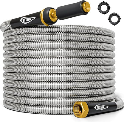 TITAN Garden Hose 9FT - 304 Stainless Steel Metal Water Hose, Flexible, Kink-Free, Lightweight, Durable, Crush Resistant Fittings, Easy to Coil, 500 PSI
