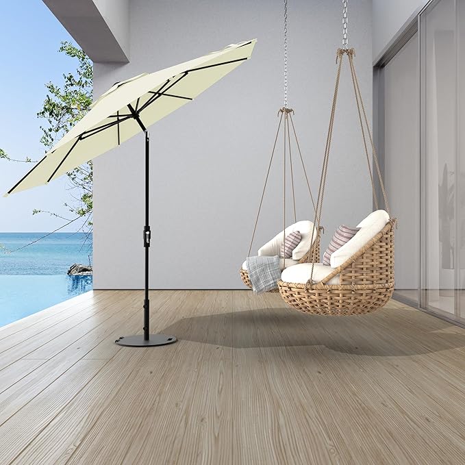 Midtown Umbrellas The Swilt 8 Feet Patio Umbrella in Sunbrella Canvas Natural Acrylic Fabric - Fiberglass Ribs, Auto-Tilt Aluminum Frame For Backyard, Deck, Garden, Pool - White Pole