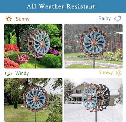 Metal Wind Spinners Outdoor, 14 Inch Dia Kinetic Wind Sculptures & Spinners with Stake, 61" H Windmill Yard Art Decor for Patio Lawn Garden, Copper Blue