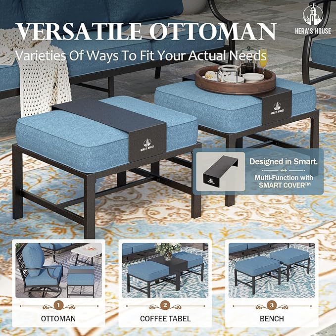 HERA'S HOUSE 6 Piece Patio Furniture Set, 2 x Swivel Cushioned Chair, 2 x Cushioned Ottoman, 1 x 3-Seat Sofa with Marbling Coffee Table, Outdoor Conversation Set for Lawn Garden Backyard, Navy Blue