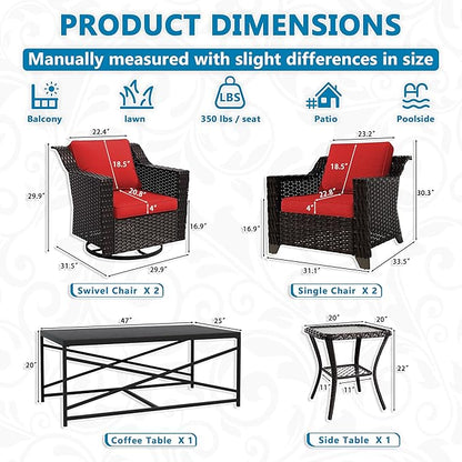 Vista Vibe 6 Pieces Outdoor Rattan Patio Conversation Furniture Set - 360 Degree Swivel Glider Rocker Chairs | Coffee Table | 2 Wicker Chairs, Washable Cushions, Terrace, Sunroom (Brown/Red)