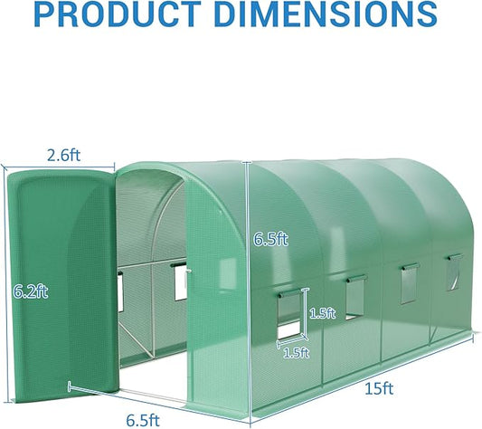 15X7x7 Ft Walk-in Tunnel Greenhouse for Outdoor Gardening - Heavy Duty Galvanized Steel Hoop House with Green PE Cover, A Swing Door & 8 Vent Windows, Garden Plant Protection for Winter Use