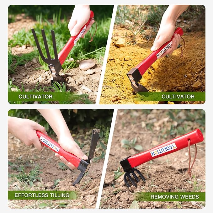 4-Pcs Gardening Tool Set – Pick Axe, Hoe, Hand Tiller & Garden Weasel Rake with 10.6" Wooden Handles, DIY Assembly Required, Garden Tools for Digging, Soil Loosening, Weeding & Cultivating