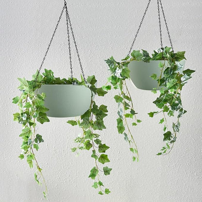 WOUSIWER 13 inch 2 Pack Large Hanging Planters for Indoor Outdoor Plants with Drainage Holes and Chain, Round Hanging Flower Pots for Garden Home Porch Decor, Green