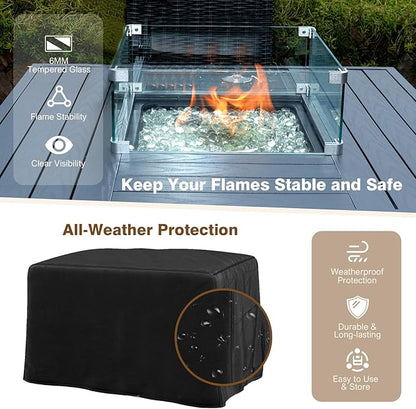 36 Inch Outdoor Propane Fire Pit Table 50,000 BTU – High Top Square Gas Fire Pit with Glass Wind Guard, Wicker Rattan Base for Patio & Backyard, Includes Rain Cover & Glass Beads