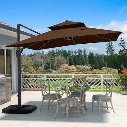10' X 10' Cantilever Patio Umbrella Outdoor Heavy Duty Double Top Windproof Square Offset Umbrellas with 360-degree Rotation for Pool Deck Backyard, Brown