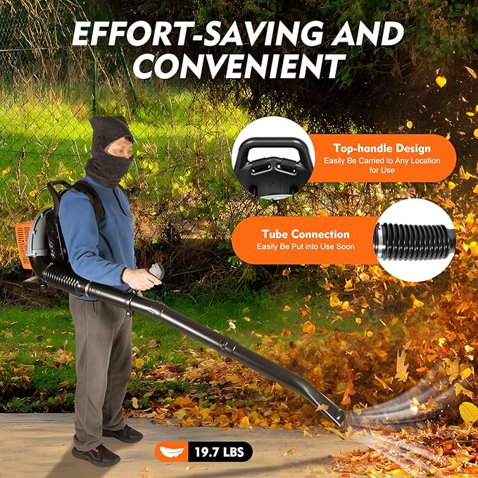 63CC Backpack Gas Powered Leaf Blower, Commercial 2.7kW 850CFM 4.3HP 2-Stroke Powerful Lightweight Gasoline Grass Lawn Blower with Harness Air-Cooled & 1.8L Fuel Tank for Yard Lawn Care, Snow Removal
