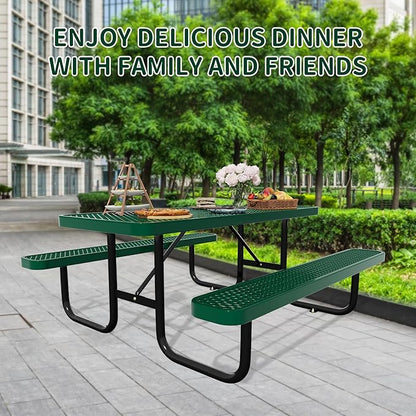 6FT Picnic Tables for Outdoors, Rectangular Commercial Metal Picnic Table Bench Set with Umbrella Hole,Heavy Duty Steel Weather-Resistant Dining Table for Patio Dining Garden Backyard BBQ School