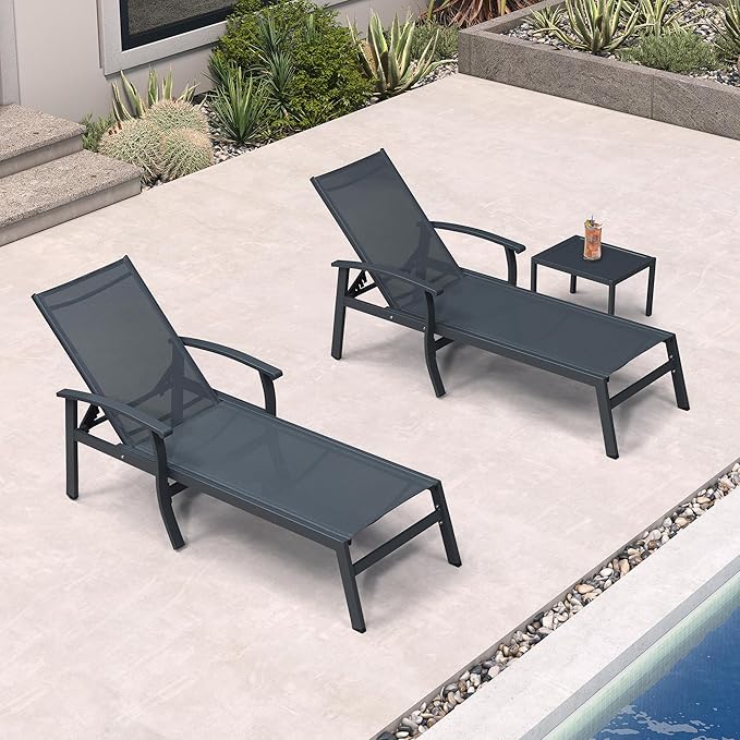 PURPLE LEAF Chaise Lounge Chair Outdoor 2 Pieces Pool Lounge Chairs 5 Adjustable Position with Armrests and Side Table Aluminum Patio Lounge Chair for Outside Backyard Beach Pool, Grey