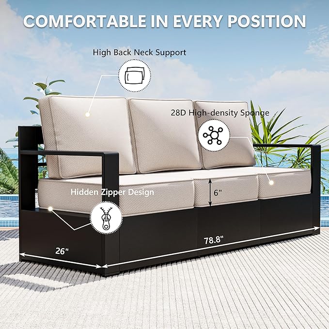 Outdoor Patio Furniture Aluminum Patio Sofa, All-Weather Metal Outdoor Couch with 6 Inch Thick Cushions for Garden, Outside and Porch (Beige, 1 PCS/Sofa)