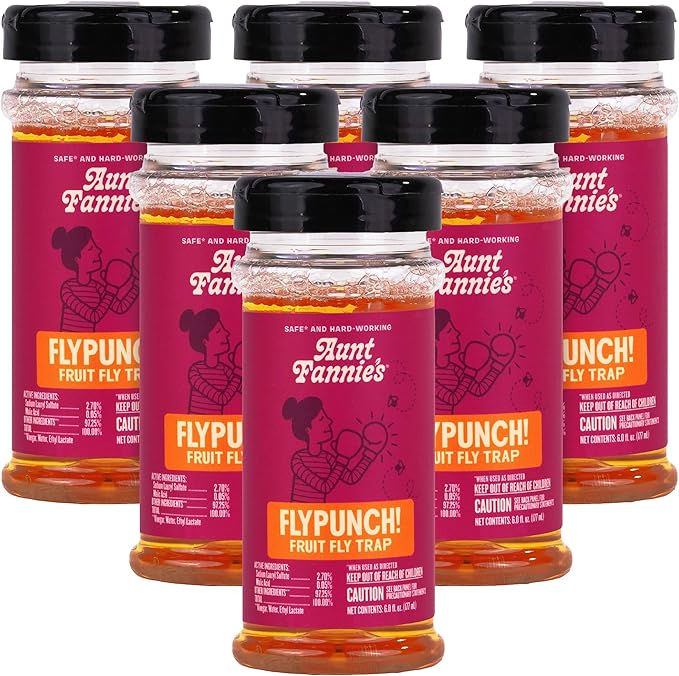 Aunt Fannie's FlyPunch Fruit Fly Trap for Indoor and Kitchen Use, Ready to Use, Made with Plant Based Ingredients, Safe Near Food, Each Bottle Lasts Up to 30 Days, Pack of 6