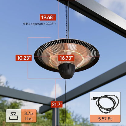 Patio Heater for Outdoor Use 1500W Electric Infrared Hanging Heater, Ceiling Mounted, Waterproof for Porch, Garage, Balcony, Overheat Protection Black