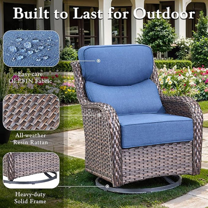 Luxury Outdoor Swivel Rocker Patio Chairs, High Back Patio Swivel Chairs with Side Table & 6-Inch Thick Cushions, Wicker Outdoor Bistro Set for Porch, Yard, Deck, Poolside, Brown/Blue