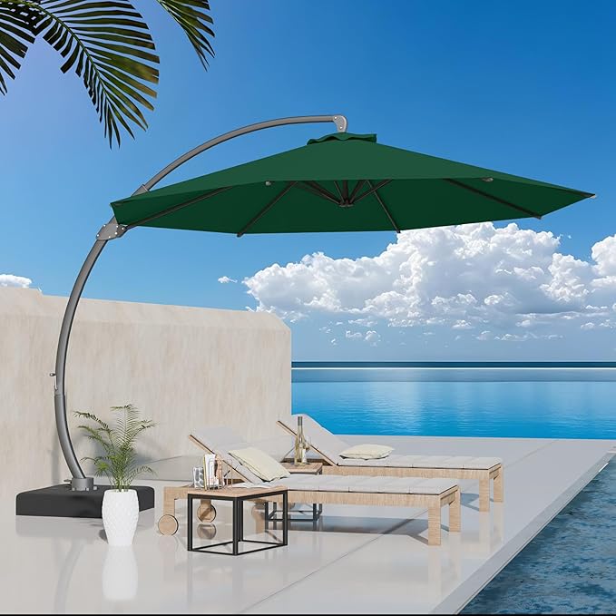 Kingdura 11ft Offset Cantilever Patio Umbrella with Base Included, Large Round Aluminum Outdoor Umbrella, 360° Rotation & Infinite Tilt, Heavy Duty Frame for Deck Pool Backyard, Dark Green
