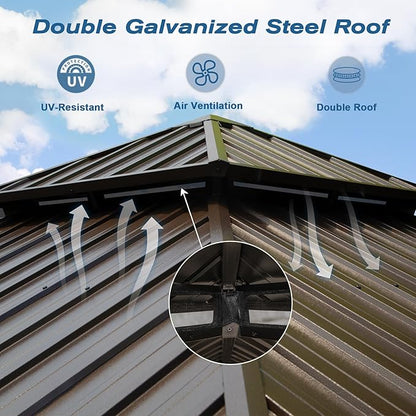 Domi 12' x 16' Hardtop Gazebo Permanent Metal Gazebo with Galvanized Steel Double Roof, Curtains and Netting for Party, Wedding, Outdoor Dining, Patio, Backyard, Brown