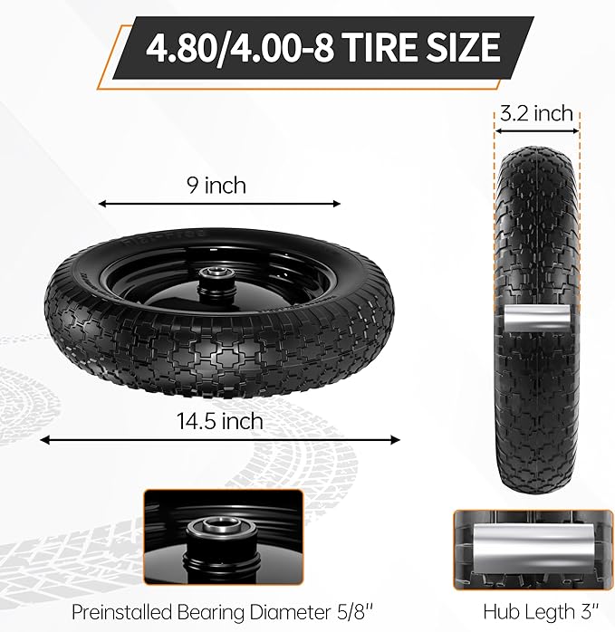 2 PCS 4.80/4.00-8 Flat Free Tire and Wheel, 14.5 Solid Wheelbarrow Tires, 5/8" 3/4" Bearings，3"-7" Centered Hub for Hand Truck, Garden Cart, Universal Fit 4.80/4.00-8, 3.50/3.00-8 4.00-6 etc