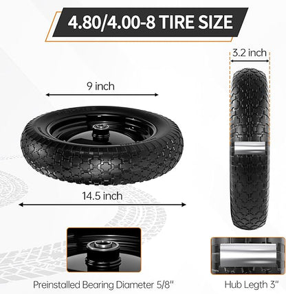 2 PCS 4.80/4.00-8 Flat Free Tire and Wheel, 14.5 Solid Wheelbarrow Tires, 5/8" 3/4" Bearings，3"-7" Centered Hub for Hand Truck, Garden Cart, Universal Fit 4.80/4.00-8, 3.50/3.00-8 4.00-6 etc